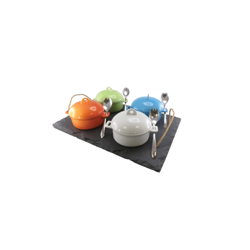 Plateau 30x30 corde mini marmites 9 pcs couleurs